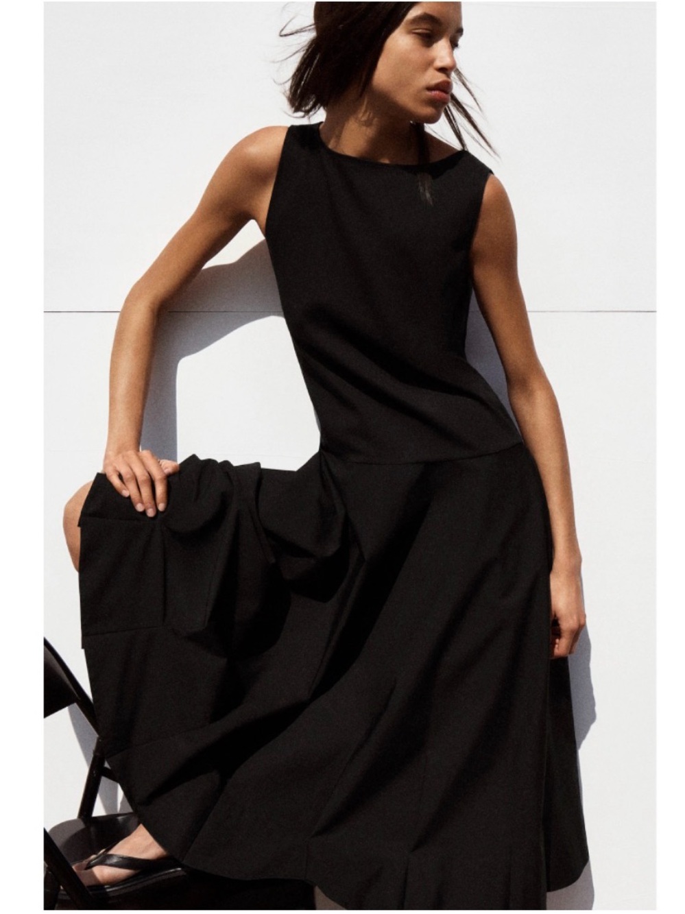 COS Black Boat-Neck Cotton A-Line Midi Dress Size M NWOT